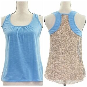 DELIA'S Blue & Floral Print Color Block Sleeveless Racerback Gathered Tank Top